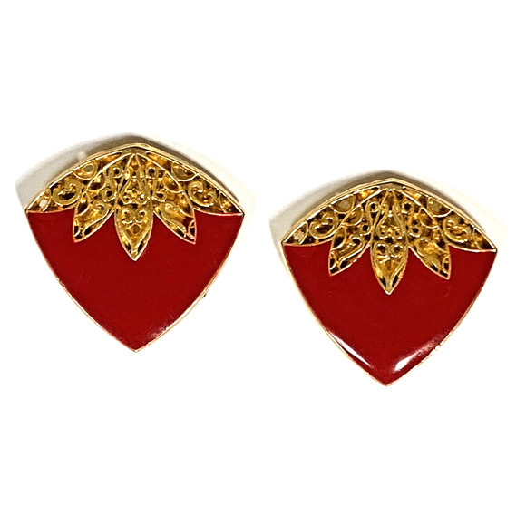Vintage Clip On Earrings Goldtone Filigree & Red Enamel 1980's Boss Lady Chic - Picture 2 of 7